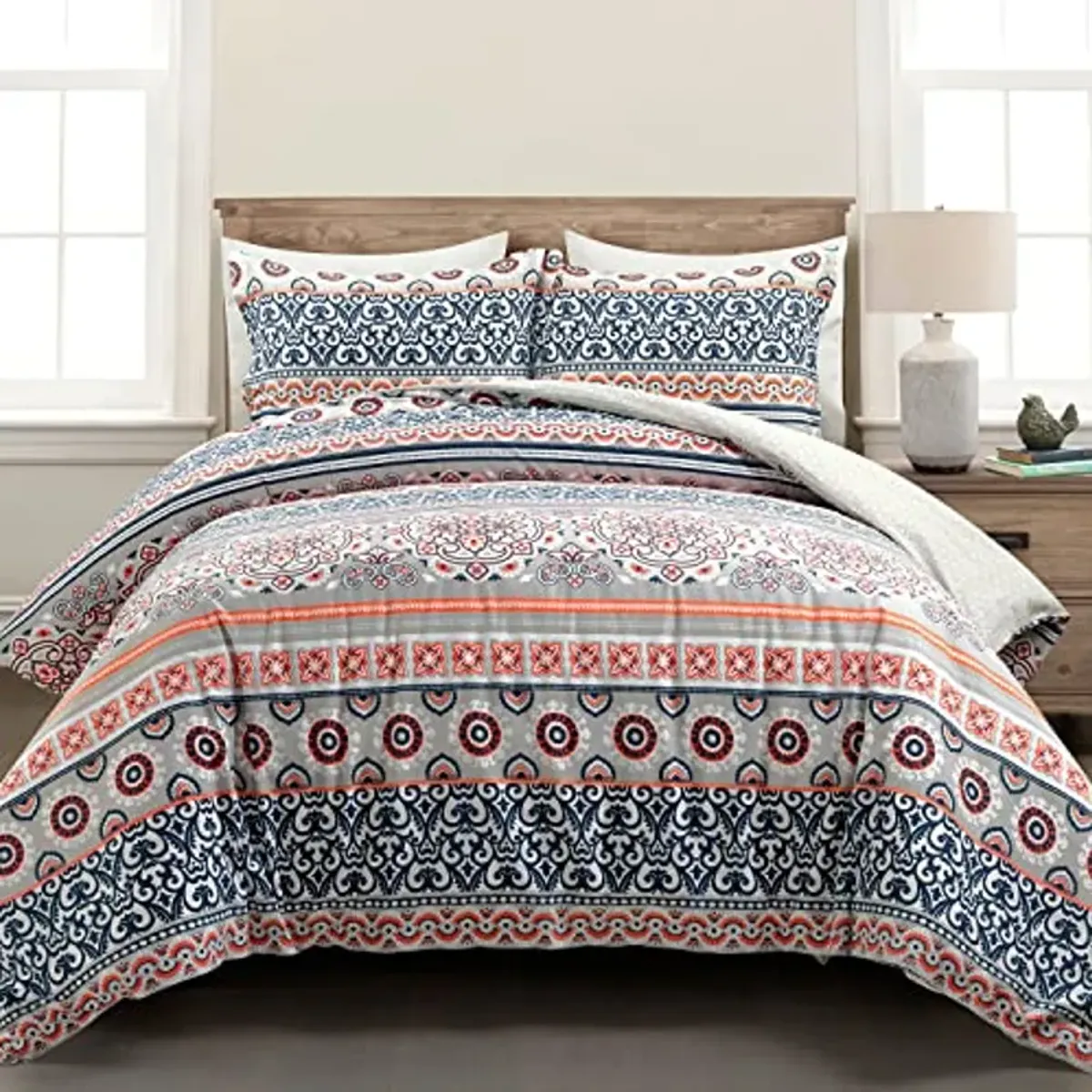 Lush Decor Nesco Stripe Reversible Cotton 3 Piece Duvet Cover Set, Full/Queen, Navy & Coral