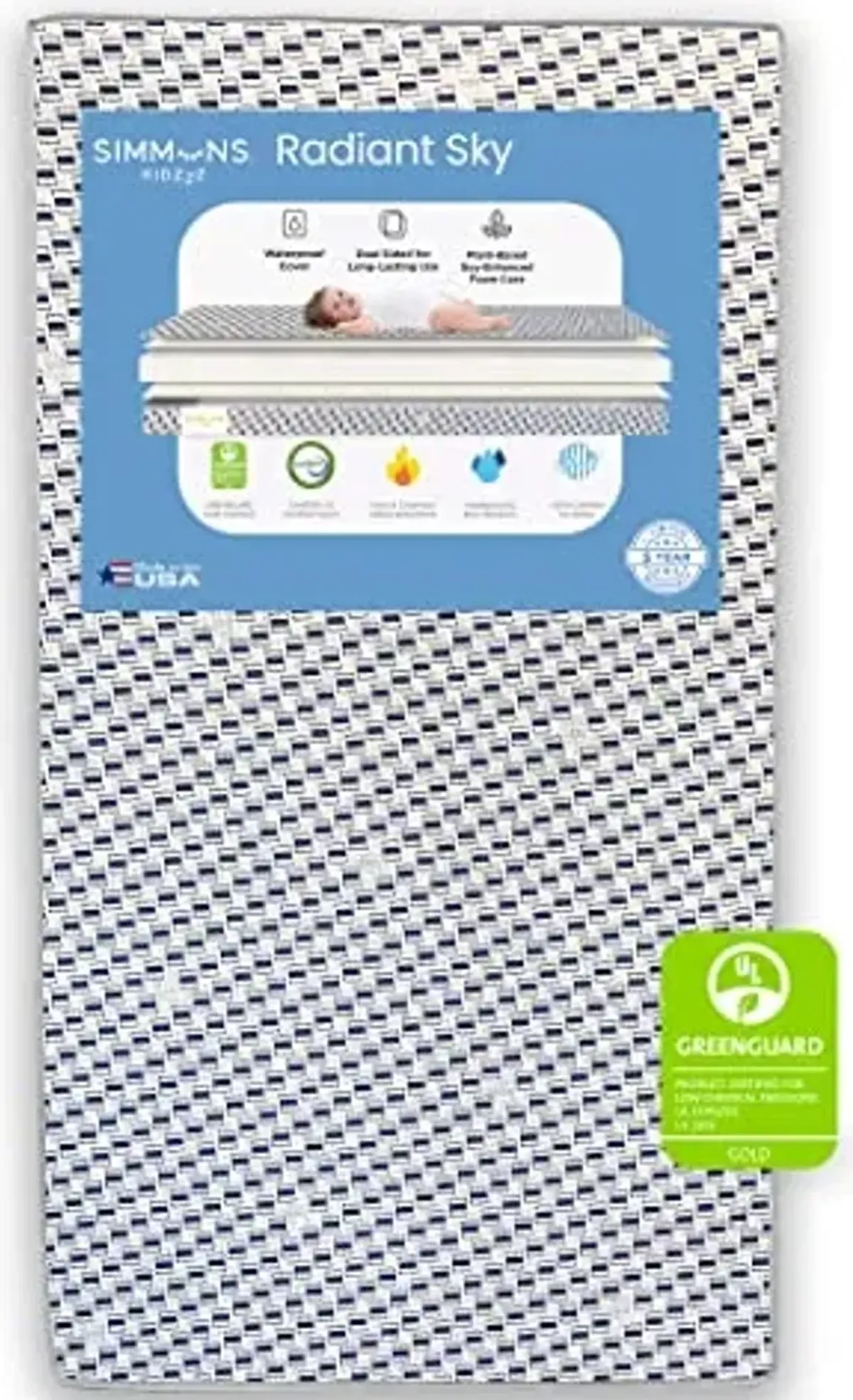 Simmons Kids Radiant Sky Dual Sided Baby Crib Mattress and Toddler Mattress, Waterproof, GREENGUARD Gold and CertiPUR-US Certified, Firm Plant-Based Foam, 5 Year Warranty, Made in USA