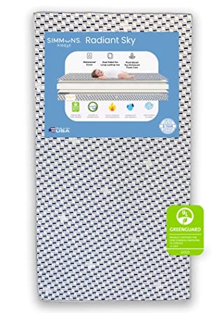Simmons Kids Radiant Sky Dual Sided Baby Crib Mattress and Toddler Mattress, Waterproof, GREENGUARD Gold and CertiPUR-US Certified, Firm Plant-Based Foam, 5 Year Warranty, Made in USA