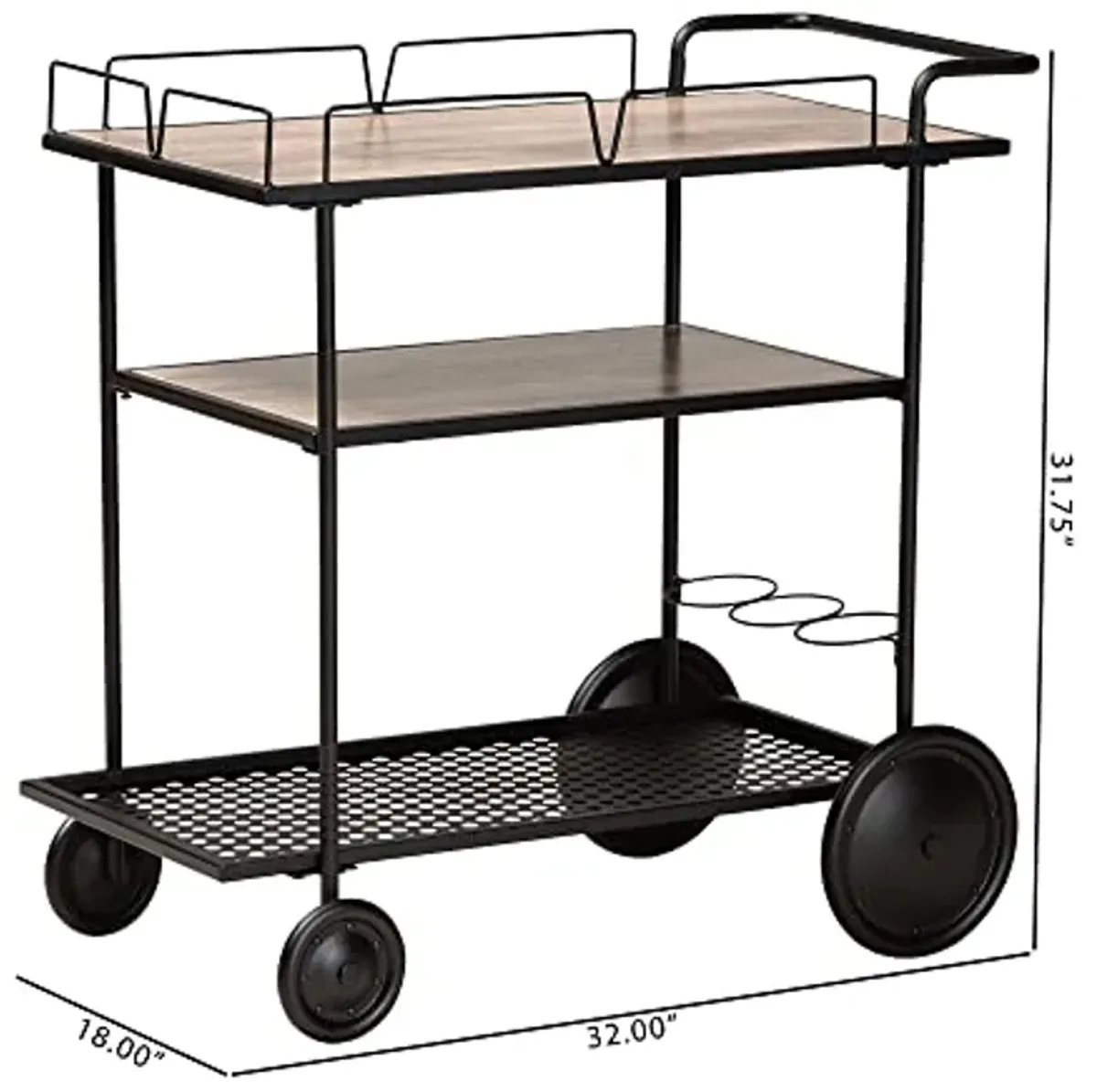 Baxton Studio Huntley Modern Industrial Walnut Brown Finished Wood and Black Metal Mobile Wine Cart