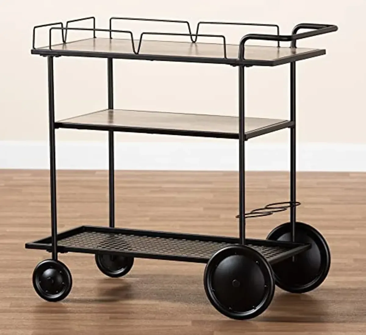 Baxton Studio Huntley Modern Industrial Walnut Brown Finished Wood and Black Metal Mobile Wine Cart