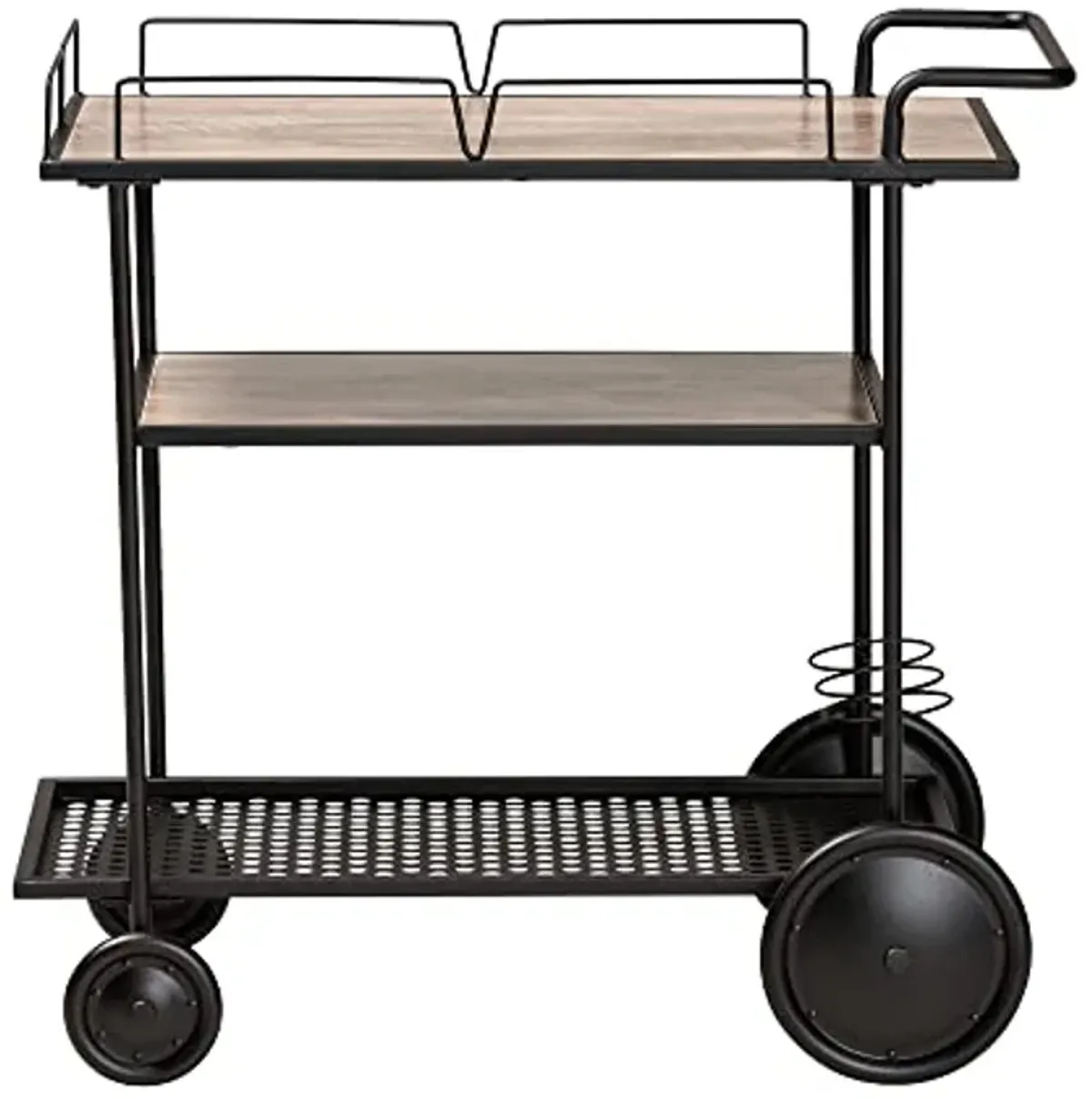 Baxton Studio Huntley Modern Industrial Walnut Brown Finished Wood and Black Metal Mobile Wine Cart