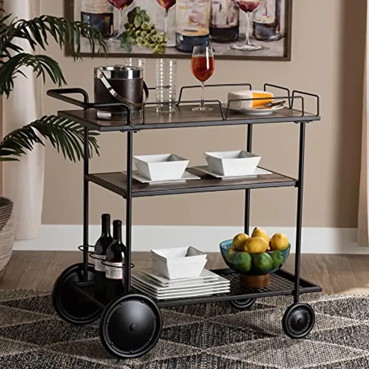 Baxton Studio Huntley Modern Industrial Walnut Brown Finished Wood and Black Metal Mobile Wine Cart