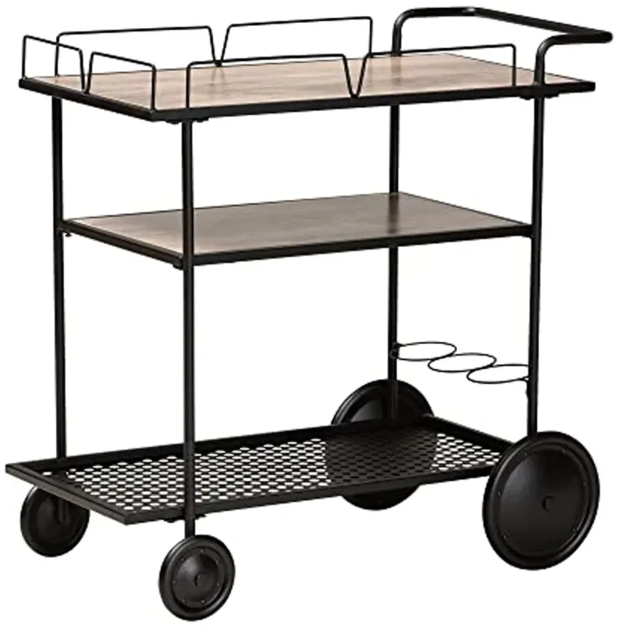 Baxton Studio Huntley Modern Industrial Walnut Brown Finished Wood and Black Metal Mobile Wine Cart