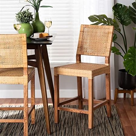 Baxton Studio Lesia Brown Rattan and Walnut Brown Finished Wood Counter Stool