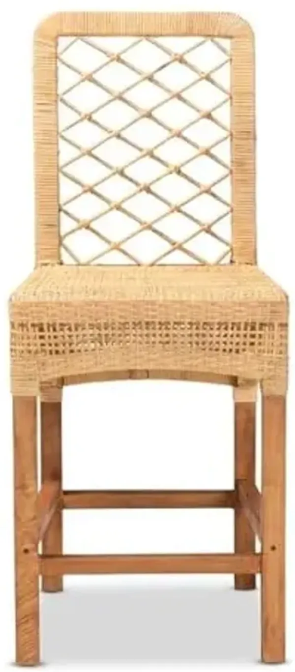Baxton Studio Moscow Brown Rattan and Walnut Brown Finished Wood Counter Stool