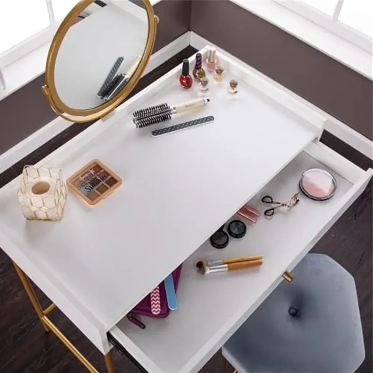 SEI Furniture Derald Vanity Table w/Round Mirror and Storage, White