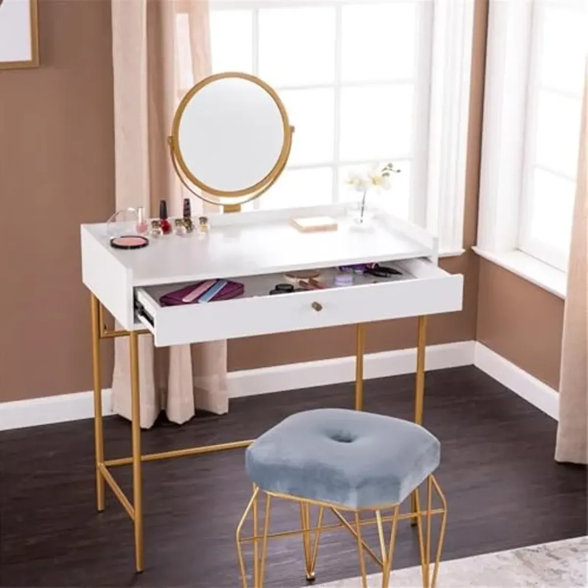 SEI Furniture Derald Vanity Table w/Round Mirror and Storage, White