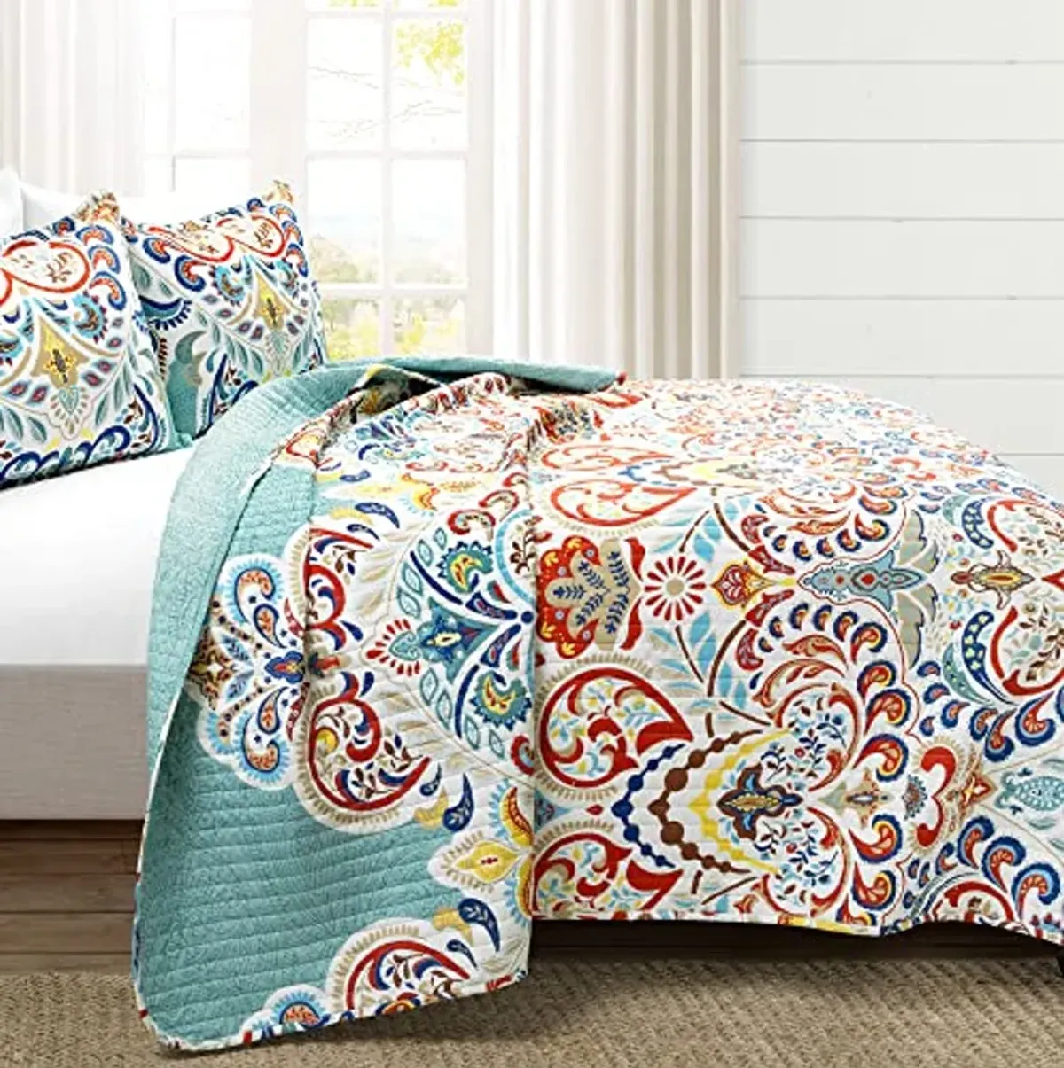 Lush Decor Boho Chic Reversible Cotton Quilt 3-Piece Set, King, Seafoam & Red - Bright Paisley Print, Vibrant & Colorful Bohemian Bedding Set