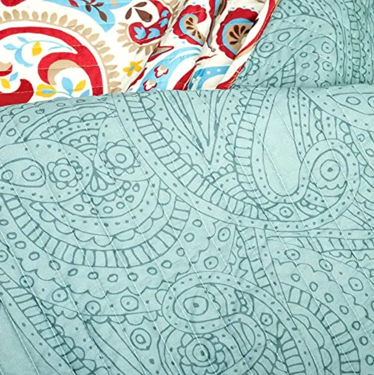 Lush Decor Boho Chic Reversible Cotton Quilt 3-Piece Set, King, Seafoam & Red - Bright Paisley Print, Vibrant & Colorful Bohemian Bedding Set