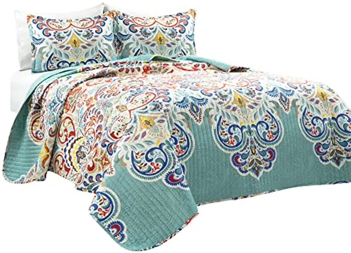 Lush Decor Boho Chic Reversible Cotton Quilt 3-Piece Set, King, Seafoam & Red - Bright Paisley Print, Vibrant & Colorful Bohemian Bedding Set