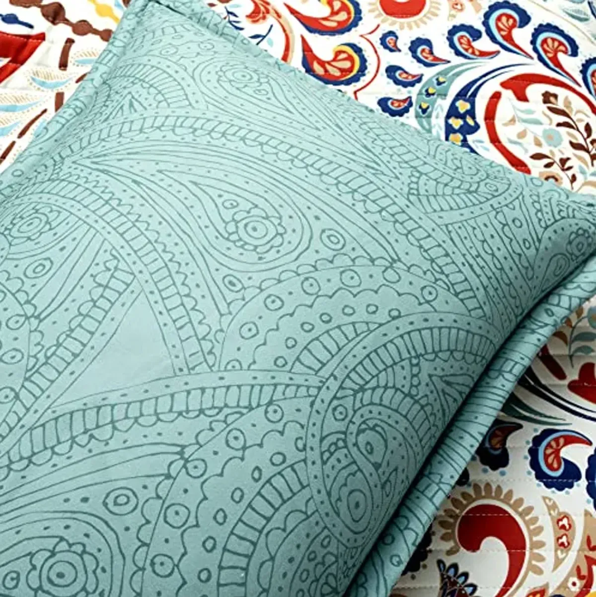 Lush Decor Boho Chic Reversible Cotton Quilt 3-Piece Set, King, Seafoam & Red - Bright Paisley Print, Vibrant & Colorful Bohemian Bedding Set