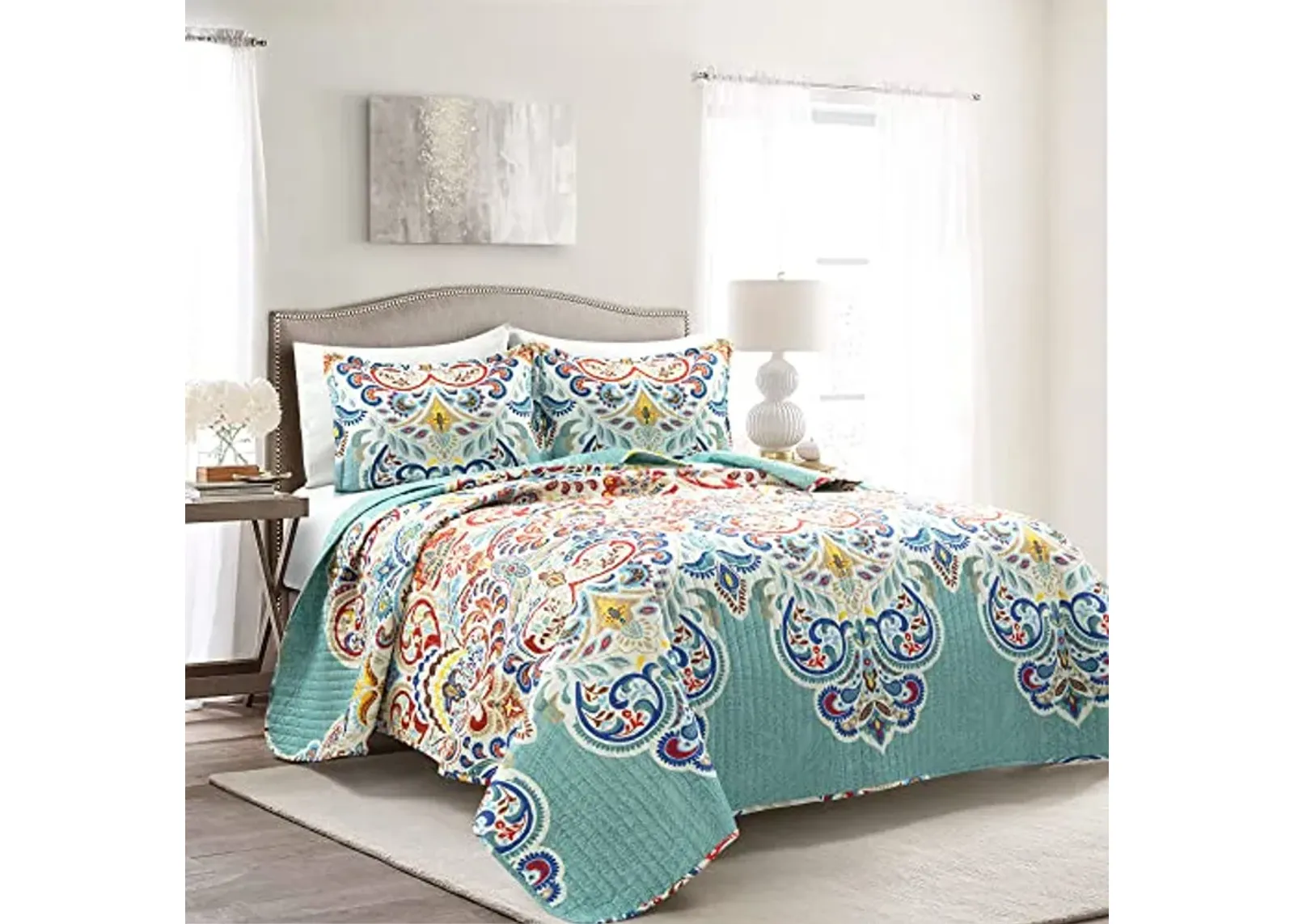 Lush Decor Boho Chic Reversible Cotton Quilt 3-Piece Set, King, Seafoam & Red - Bright Paisley Print, Vibrant & Colorful Bohemian Bedding Set