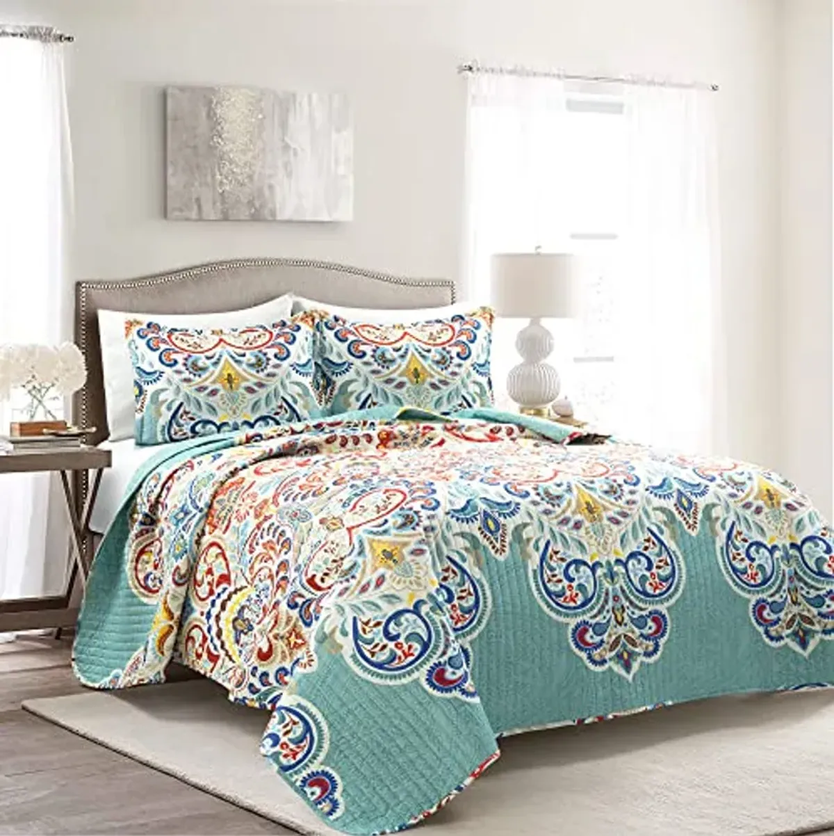 Lush Decor Boho Chic Reversible Cotton Quilt 3-Piece Set, King, Seafoam & Red - Bright Paisley Print, Vibrant & Colorful Bohemian Bedding Set