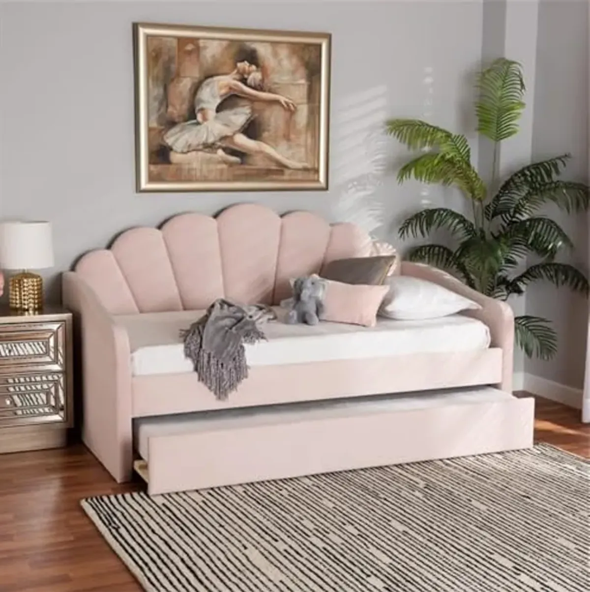 Baxton Studio Timila Modern and Contemporary Light Pink Velvet Fabric Upholstered Twin Size Daybed with Trundle