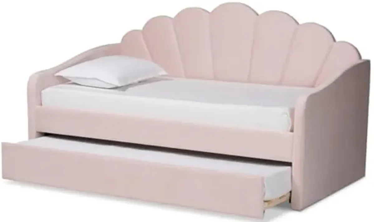 Baxton Studio Timila Modern and Contemporary Light Pink Velvet Fabric Upholstered Twin Size Daybed with Trundle