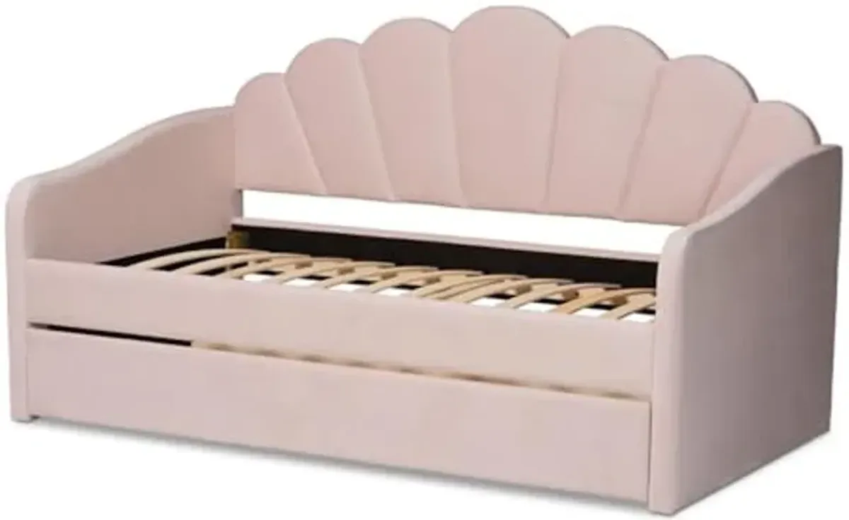 Baxton Studio Timila Modern and Contemporary Light Pink Velvet Fabric Upholstered Twin Size Daybed with Trundle