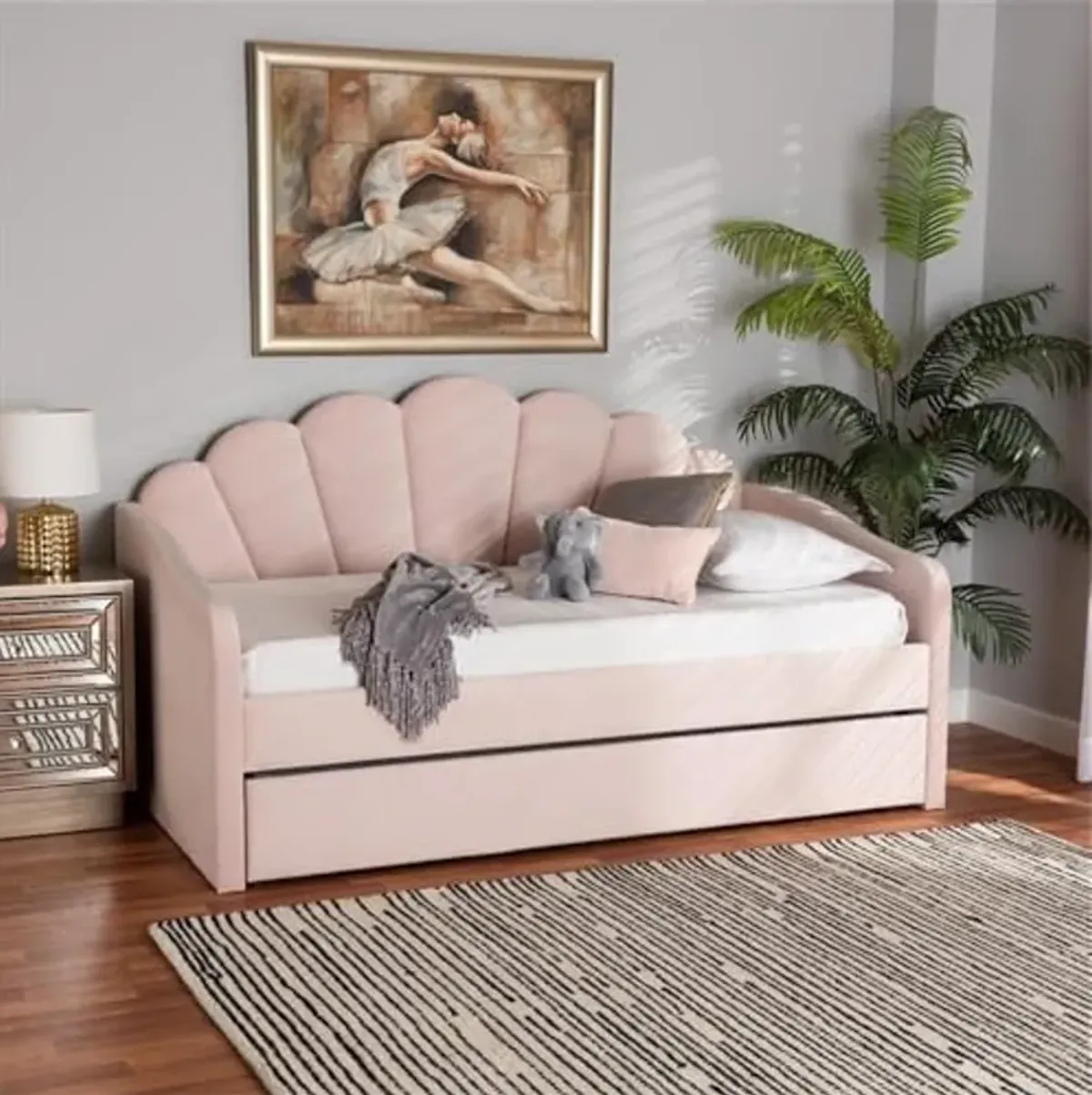 Baxton Studio Timila Modern and Contemporary Light Pink Velvet Fabric Upholstered Twin Size Daybed with Trundle