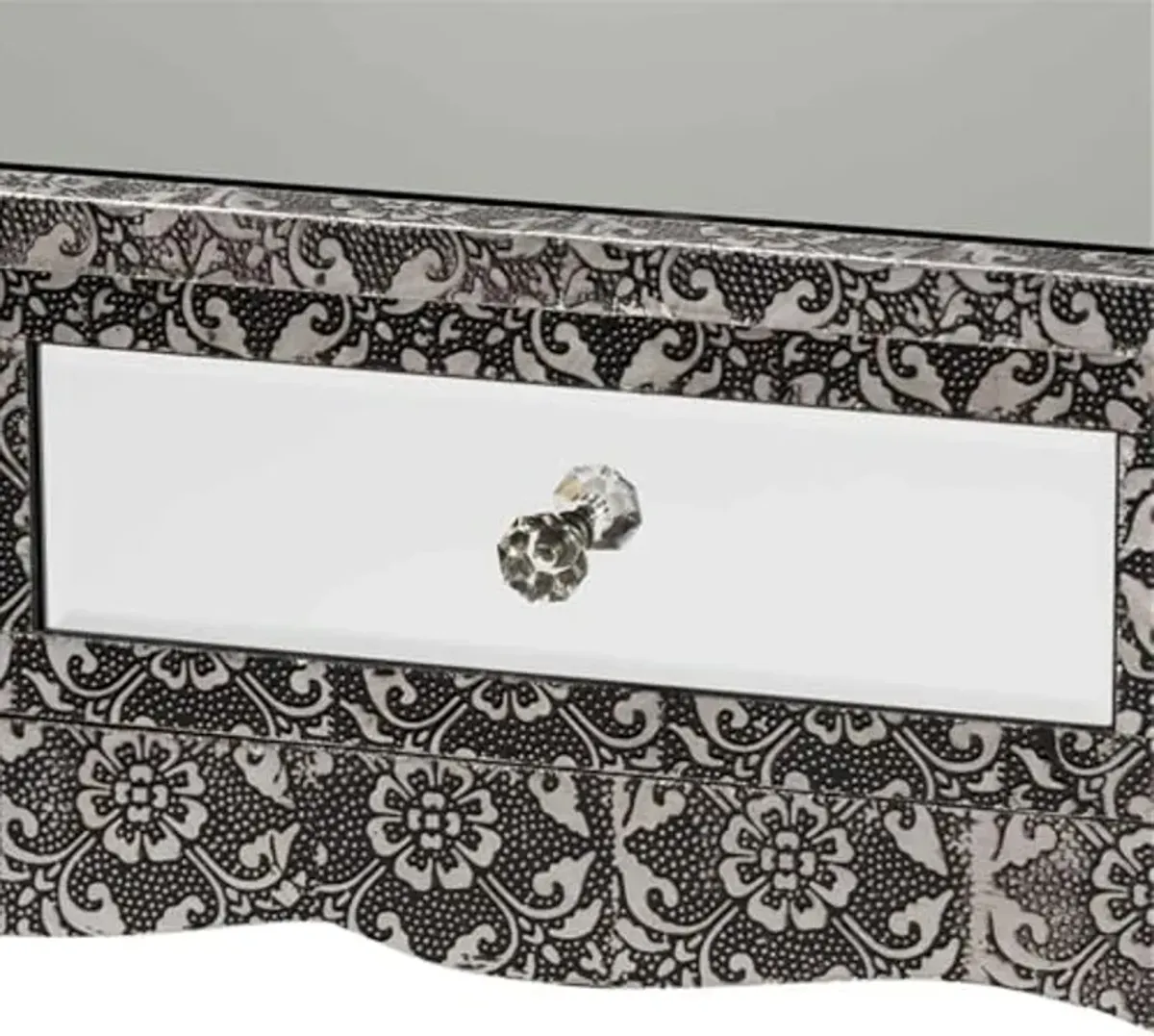 Baxton Studio Wycliff Industrial Glam and Luxe Silver Finished Metal and Mirrored Glass 2-Drawer Console Table