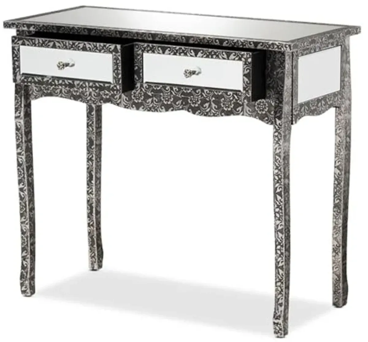 Baxton Studio Wycliff Industrial Glam and Luxe Silver Finished Metal and Mirrored Glass 2-Drawer Console Table