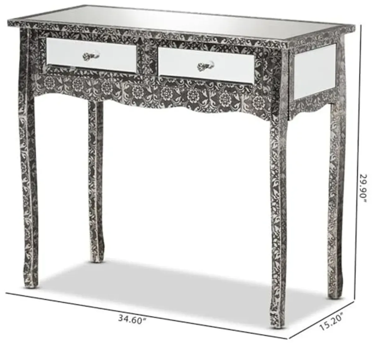 Baxton Studio Wycliff Industrial Glam and Luxe Silver Finished Metal and Mirrored Glass 2-Drawer Console Table