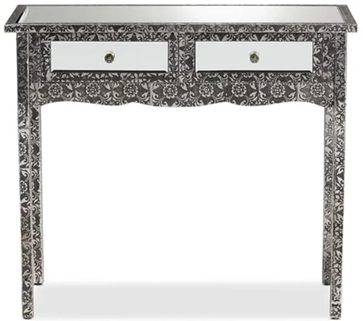 Baxton Studio Wycliff Industrial Glam and Luxe Silver Finished Metal and Mirrored Glass 2-Drawer Console Table