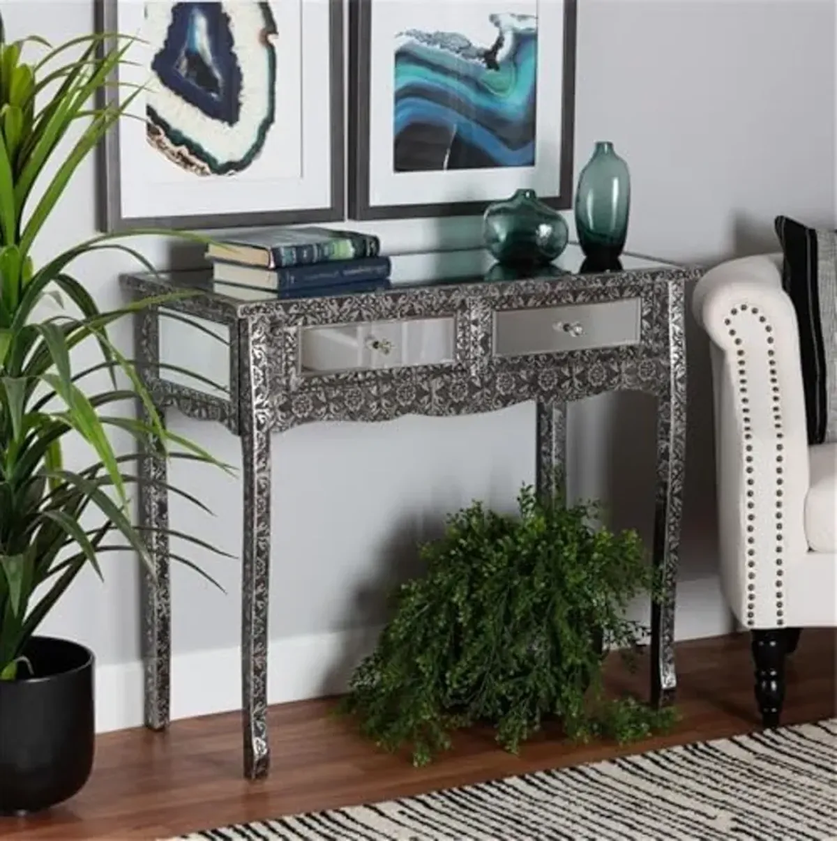 Baxton Studio Wycliff Industrial Glam and Luxe Silver Finished Metal and Mirrored Glass 2-Drawer Console Table