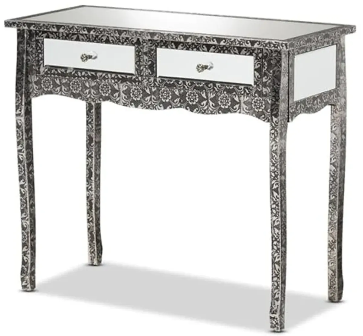 Baxton Studio Wycliff Industrial Glam and Luxe Silver Finished Metal and Mirrored Glass 2-Drawer Console Table