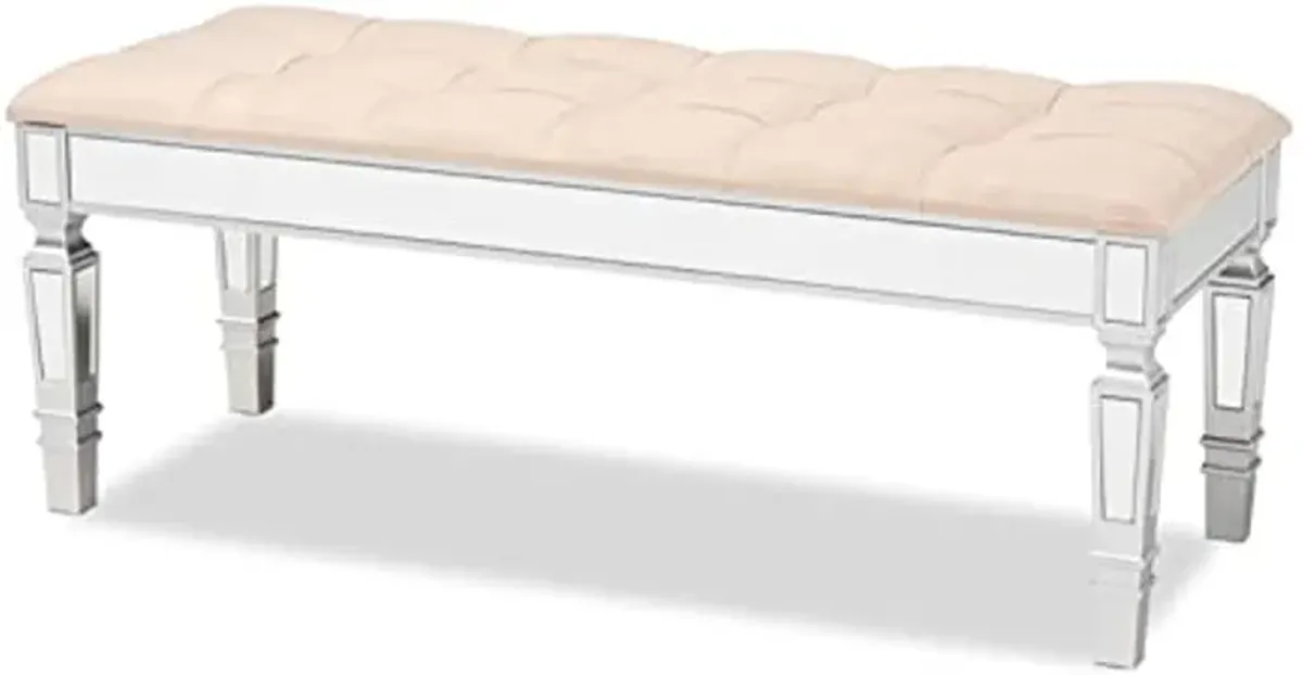 Baxton Studio Hedia Contemporary Glam and Luxe Beige Fabric Upholstered and Silver Finished Wood Accent Bench