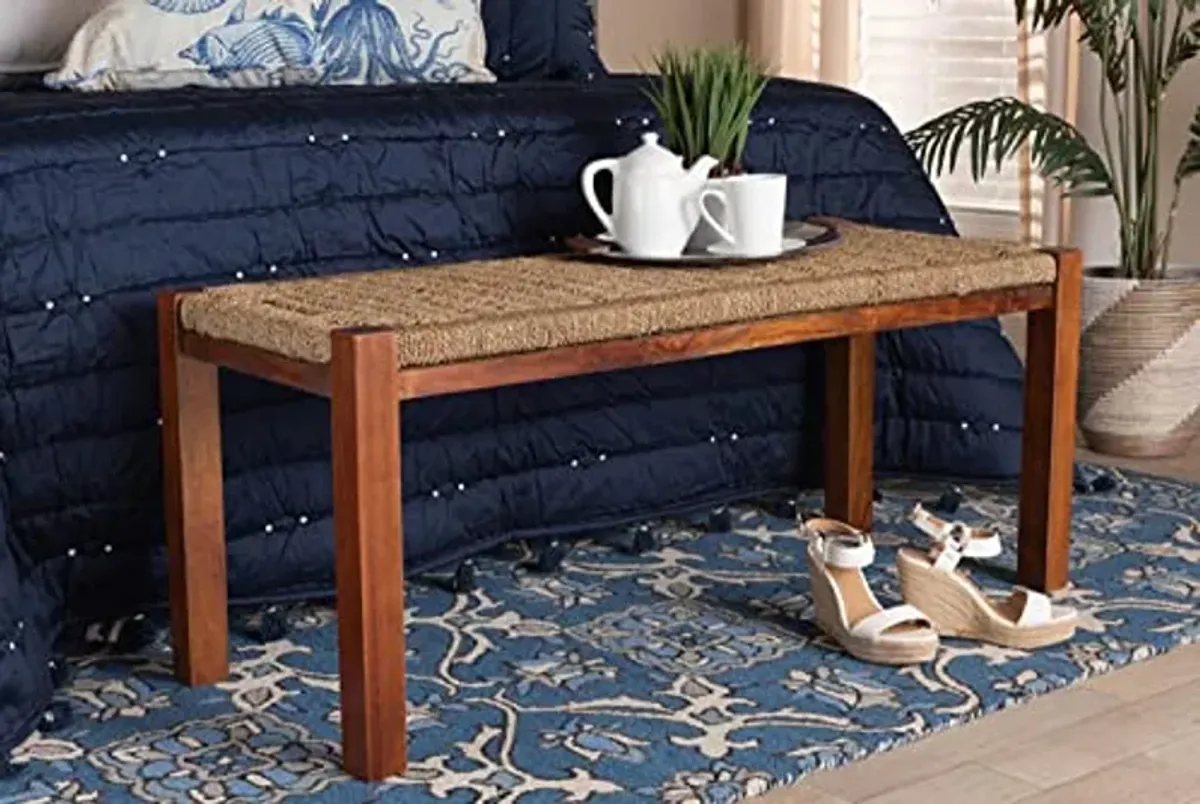 Baxton Studio Hermes Mid-Century Modern Transitional Natural Seagrass and Mahogany Wood Bench