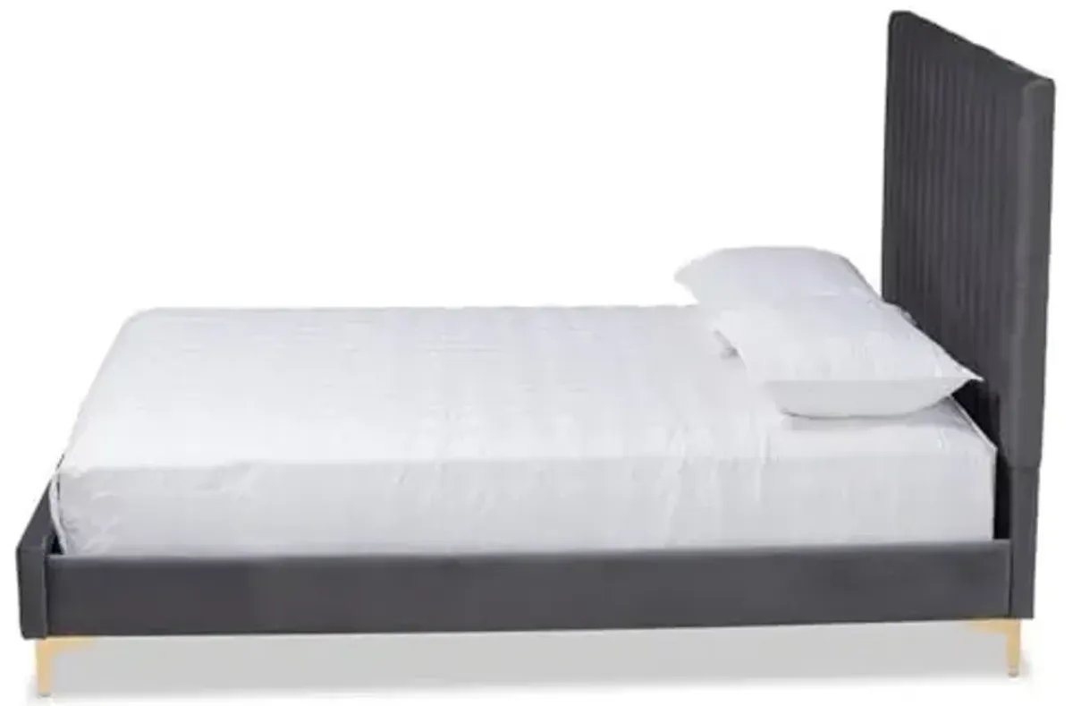 Baxton Studio Serrano Contemporary Glam and Luxe Grey Velvet Fabric Upholstered and Gold Metal Queen Size Platform Bed