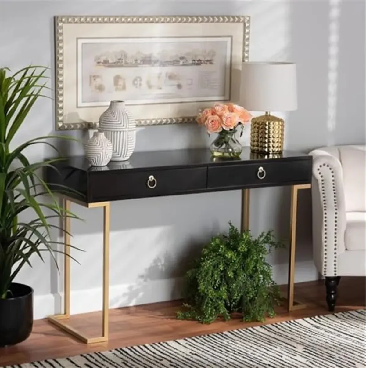 Baxton Studio Beagan Modern and Contemporary Black Finished Wood and Gold Metal 2-Drawer Console Table