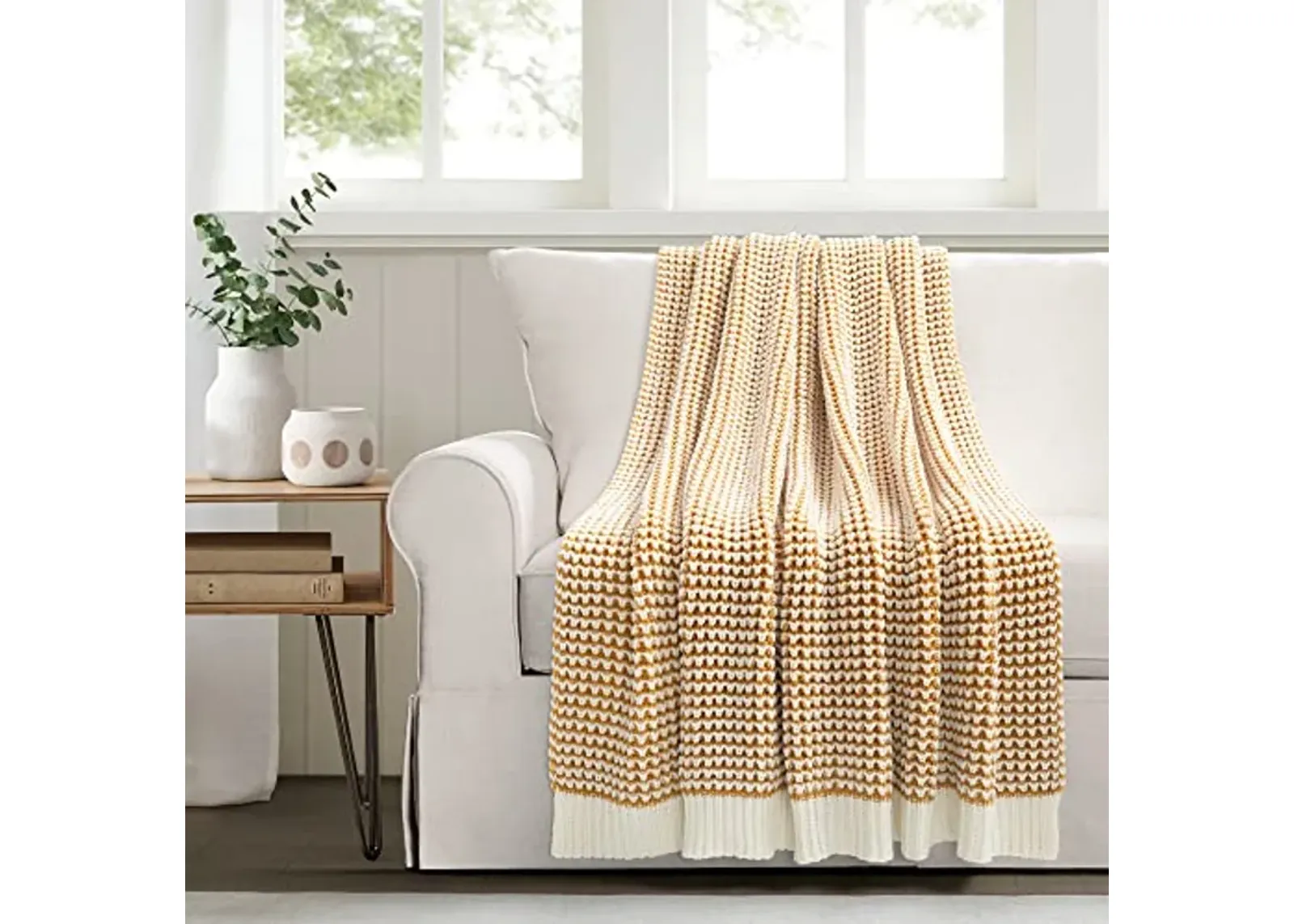 Lush Decor Chic and Soft Knitted Throw Blanket, 60" x 50", Yellow