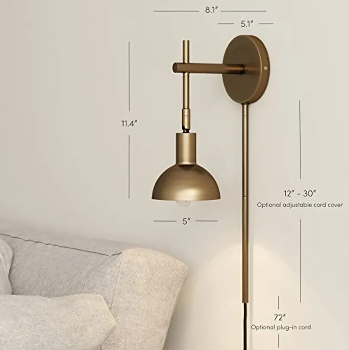 Nathan James Tamlin Vintage Brass Wall Light Fixture, Wall Mounted 1-Light Lamp, Plugin Sconce with On/Off Switch for Living Room, Reading Nook or Bedroom, Brass