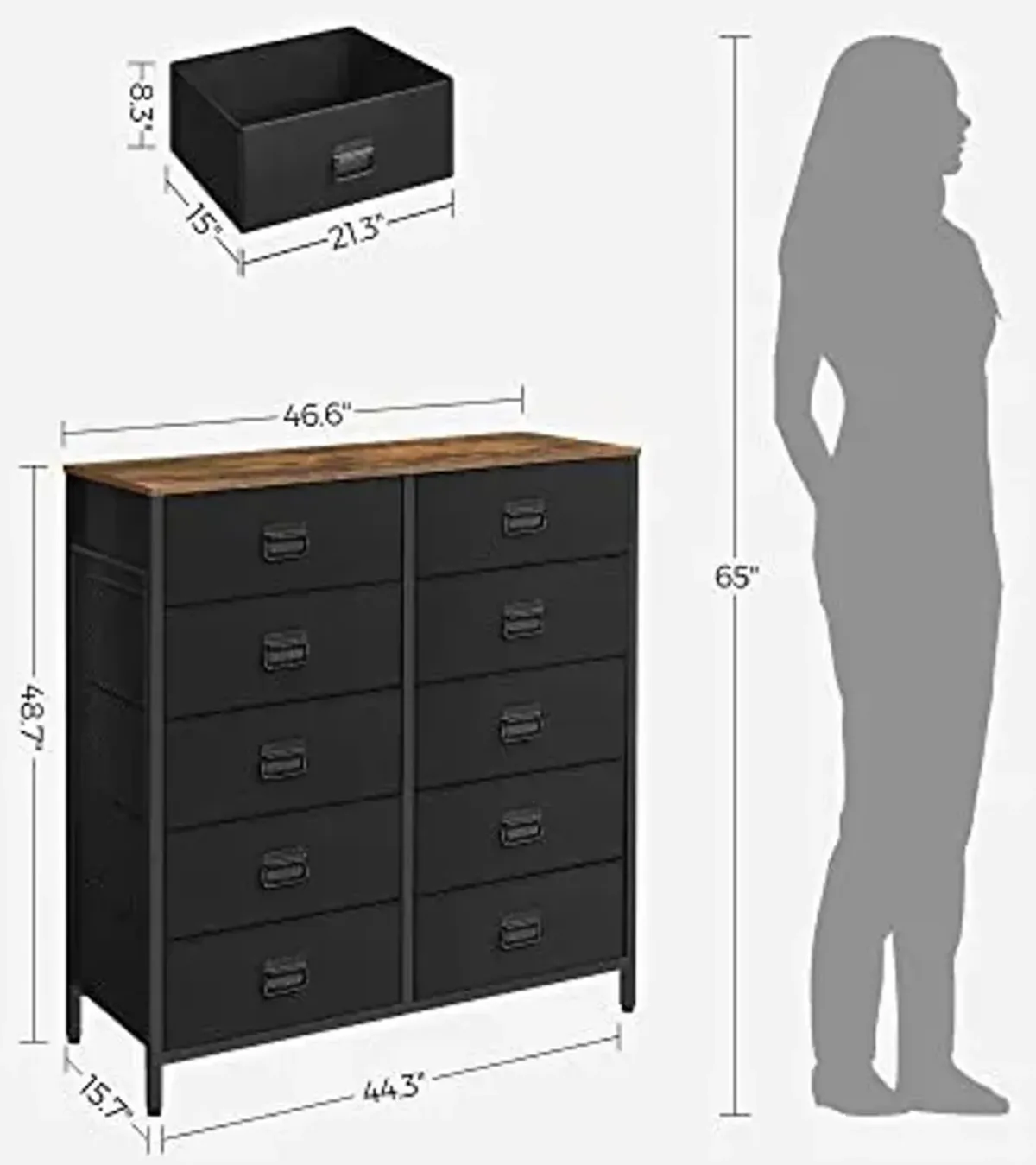 SONGMICS Dresser for Bedroom, Fabric Dresser with 10 Drawers, Storage Organizer Unit with Fabric Drawers, Chest of Drawers, Steel Frame, for Living Room, Entryway, Rustic Brown and Black ULTS225B01