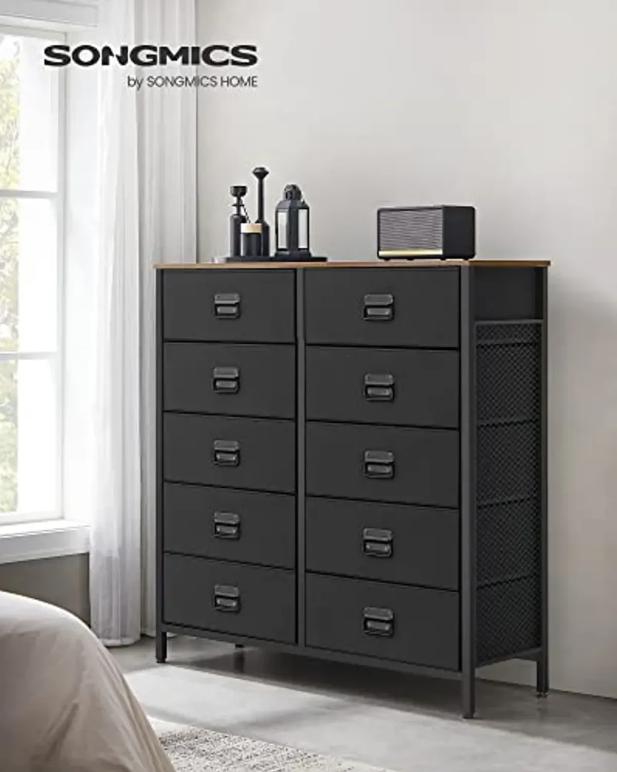 SONGMICS Dresser for Bedroom, Storage Organizer Unit with 10 Fabric Drawers, Steel Frame, for -Living -Room, Entryway, 10 drawers Brown + Black