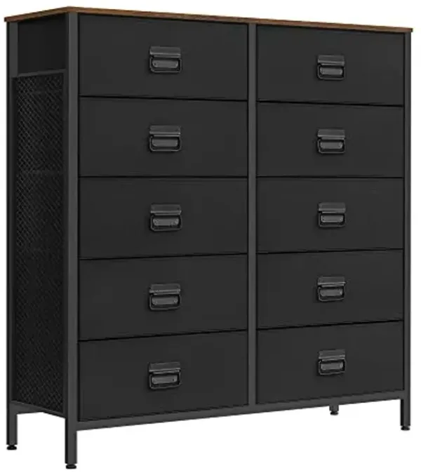 SONGMICS Dresser for Bedroom, Fabric Dresser with 10 Drawers, Storage Organizer Unit with Fabric Drawers, Chest of Drawers, Steel Frame, for Living Room, Entryway, Rustic Brown and Black ULTS225B01