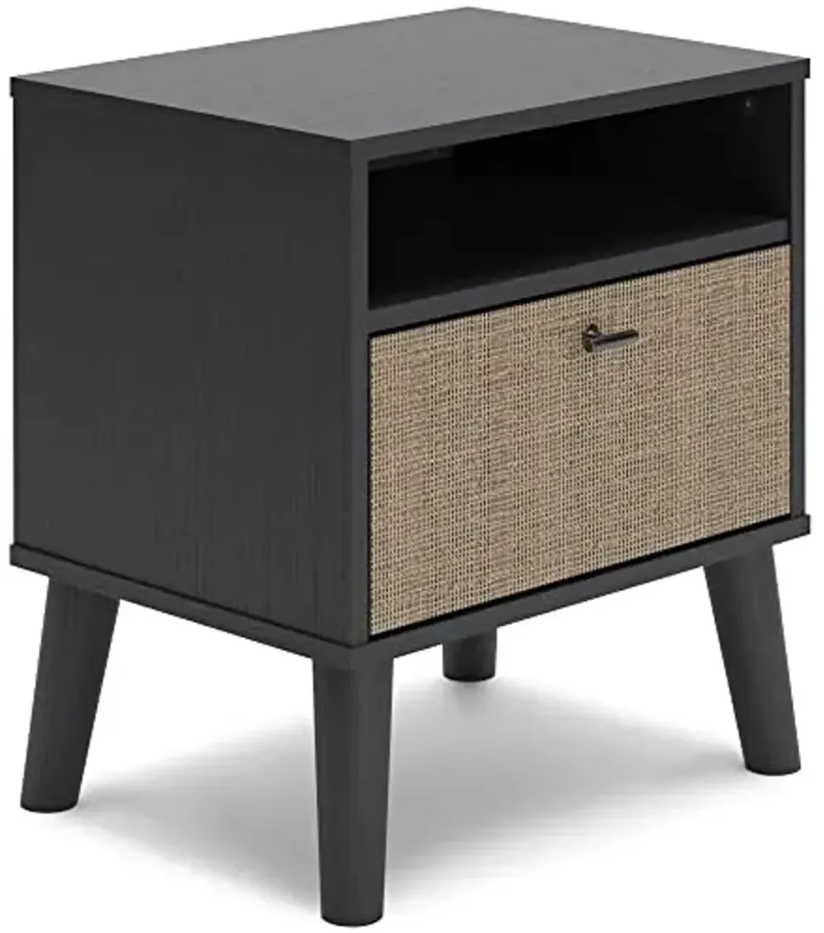 Signature Design by Ashley Charlang Mid-Century Modern Small Rattan Nightstand, Black & Beige