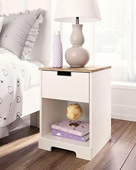 Signature Design by Ashley Vaibryn Farmhouse 1 Drawer Nightstand with Open Cubby, White & Light Brown