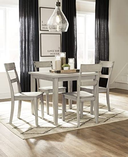Signature Design by Ashley Loratti Modern Dining Table and 18.25" Chairs with Nailheads, Set of 5, Light Gray