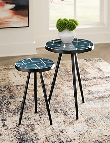 Signature Design by Ashley Clairbelle Contemporary Nesting Diamond Pattern Accent Table, Set of 2, Blue