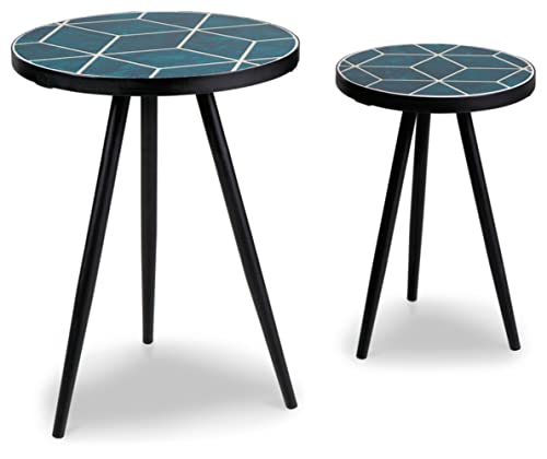 Signature Design by Ashley Clairbelle Contemporary Nesting Diamond Pattern Accent Table, Set of 2, Blue