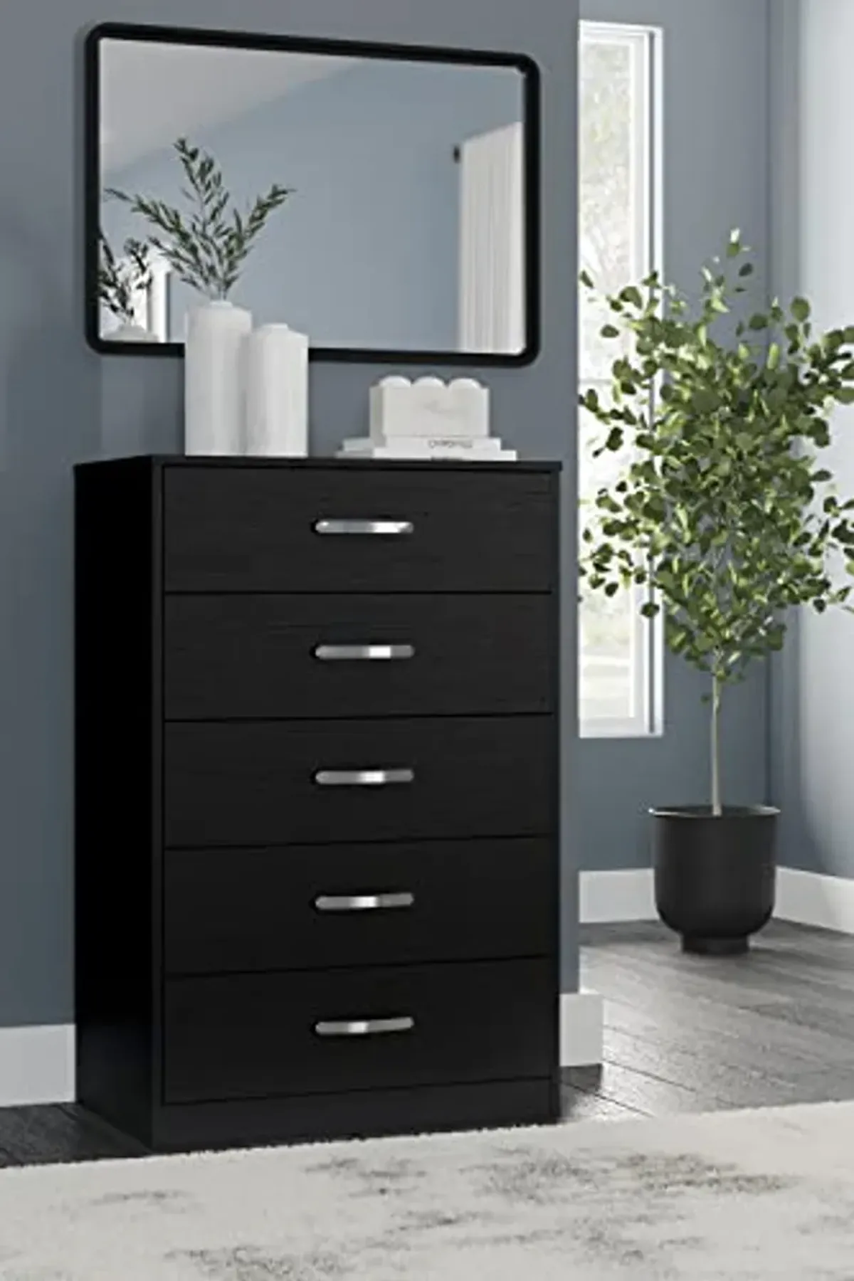 Signature Design by Ashley Finch Modern 5 Drawer Chest of Drawers with Ball-bearing Construction and Safety Stop, Black