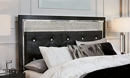 Signature Design by Ashley Kaydell Glam Tufted Upholstered Panel Headboard with LED lighting and Remote Control ONLY, Queen, Black & Chrome