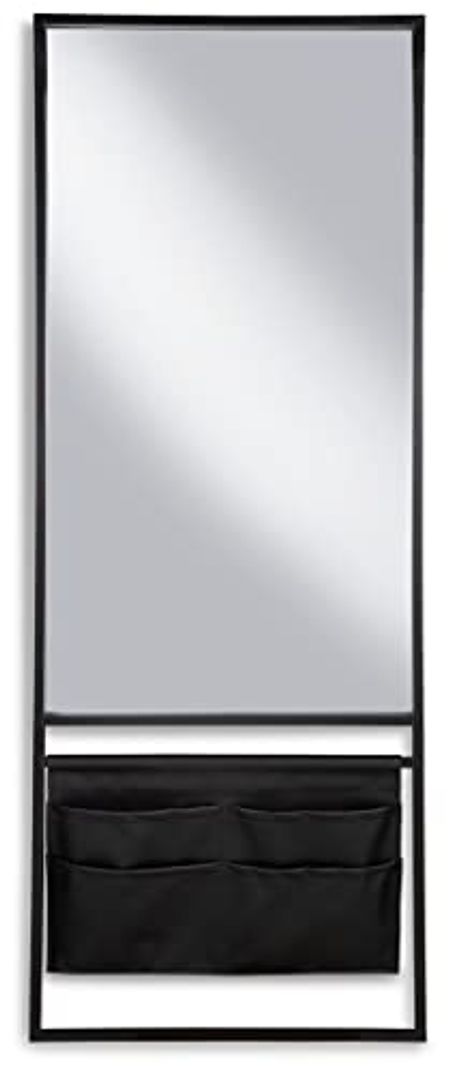 Signature Design by Ashley Floxville Modern Metal Framed Floor Mirror with Faux Leather Pockets, Black