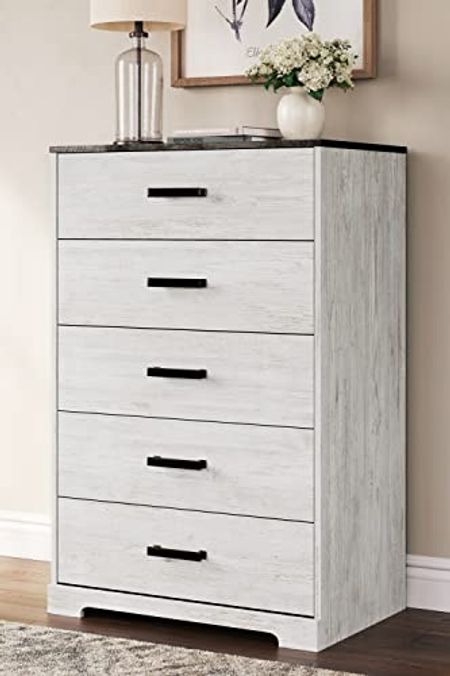 Signature Design by Ashley Shawburn Rustic 5 Drawer Chest of Smooth-Gliding Drawers and Safety Stop, White & Gray