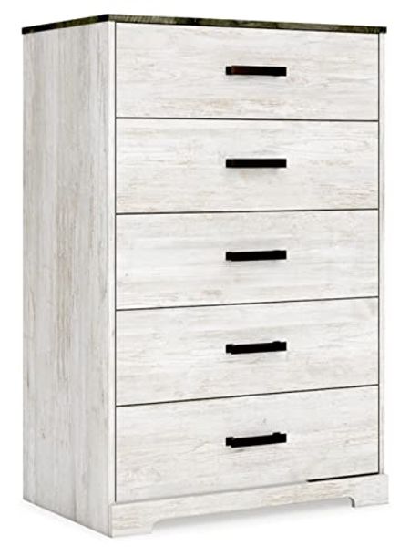 Signature Design by Ashley Shawburn Rustic 5 Drawer Chest of Smooth-Gliding Drawers and Safety Stop, White & Gray