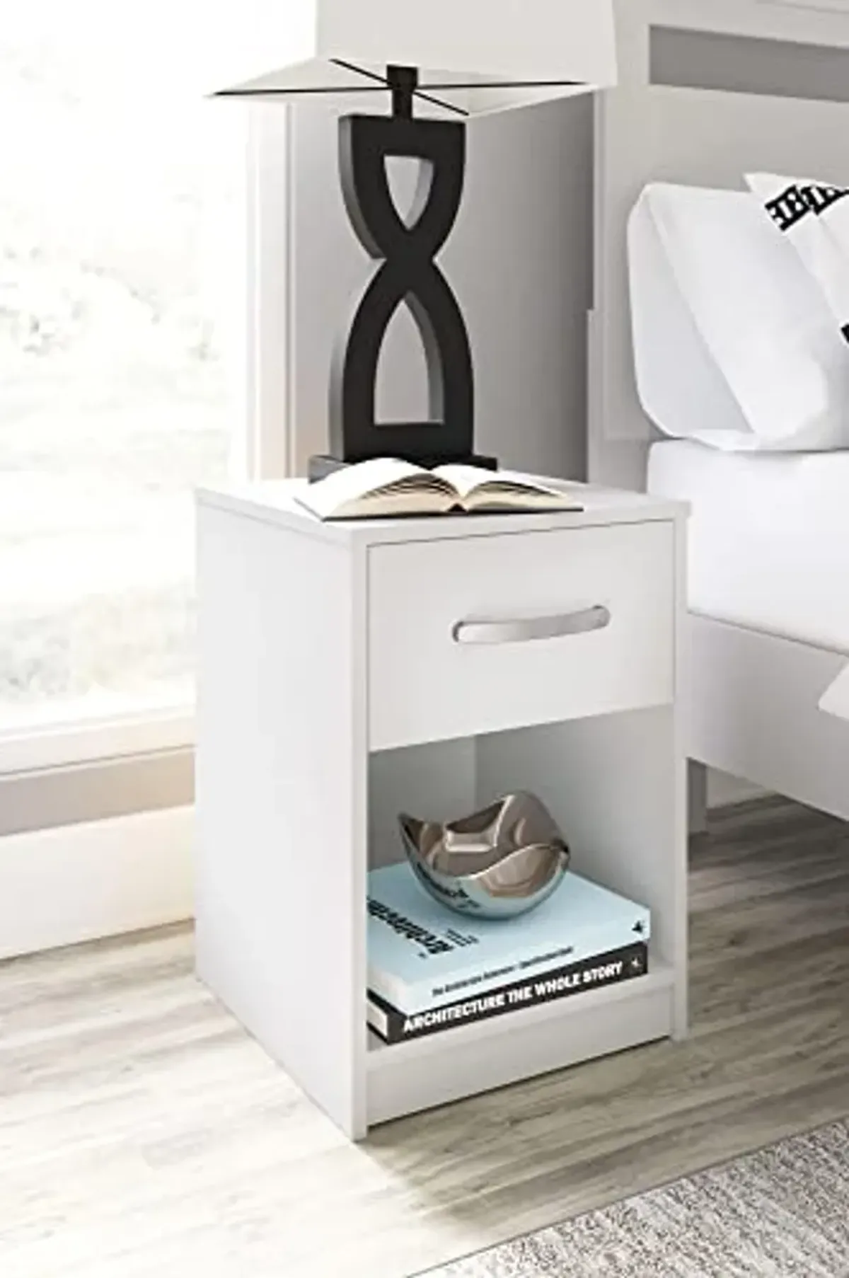 Signature Design by Ashley Flannia Contemporary 1 Drawer Nightstand with Open Cubby, 22.13" Tall, White