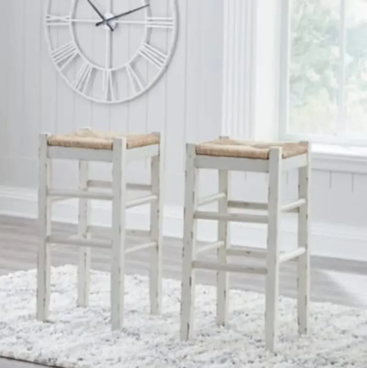 Signature Design by Ashley Mirimyn Farmhouse 29.5" Bar Height Bar Stool with Woven Wicker Seats, 2 Count, White & Light Brown