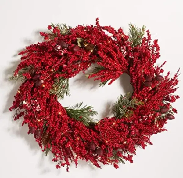 SAFAVIEH Home Collection 30-inch Decorative Artificial Red Berry & Pine Wreath LED Light (Fully Assembled)